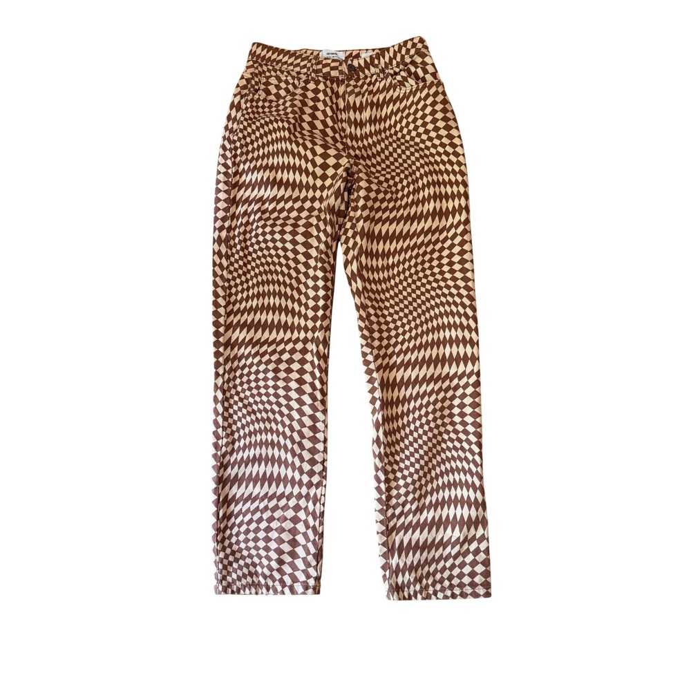 Cotton On Brown Warped Check Harlequin Long Straight Leg Jeans Womens US 6 EU 38